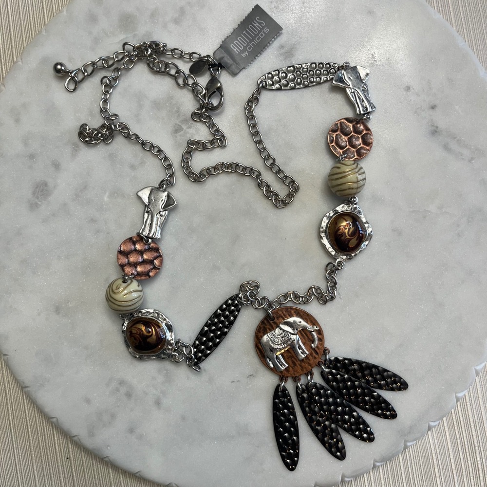 Chico's Additions Boho Necklace Elephant Beaded Statement Mix Metal‎ New Jewelry